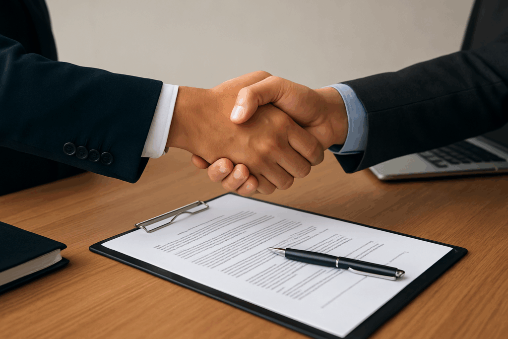 Business handshake over paperwork — buying a shelf company explained